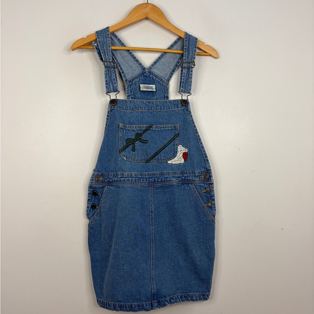 Vintage Overall Dress Womens Small Medium Blue Jean Denim Cute 90s Teddy Bear